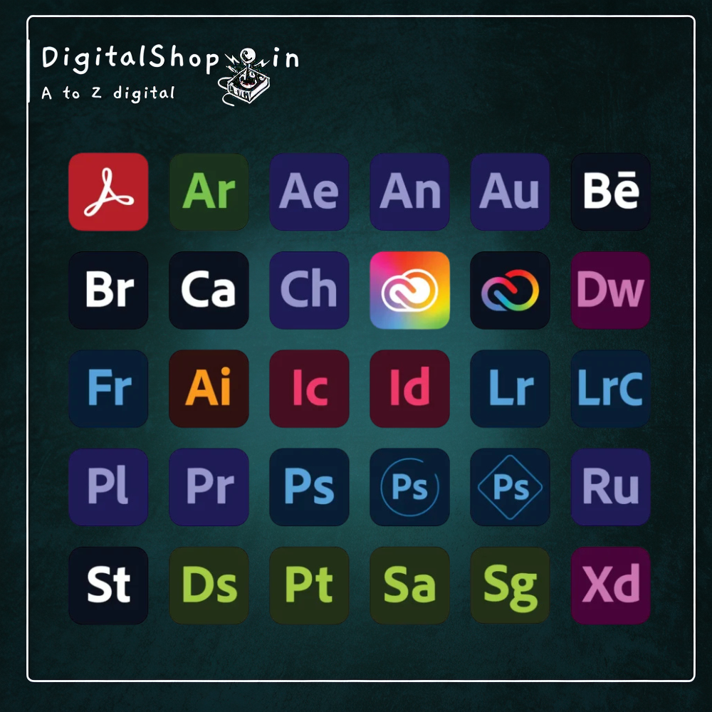 شعار Adobe Creative Cloud مع مجموعة من التطبيقات المبدعة مثل Photoshop و Illustrator و Premiere Pro، الحزمة المثالية للمبدعين المحترفين
